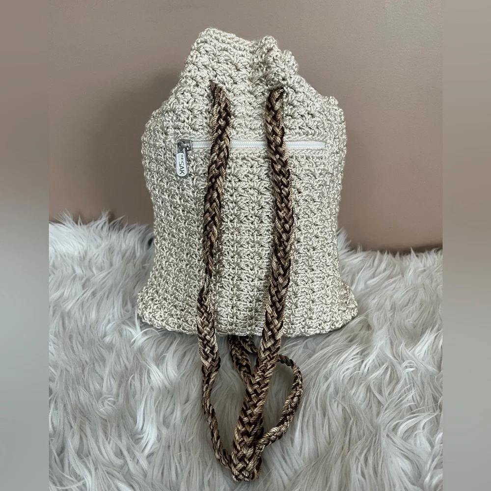 {The SAK} Crochet Drawstring Backpack Purse in Ivory